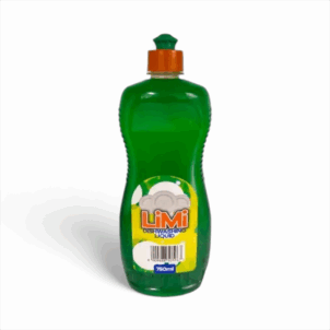 A bottle of Limi brand green dishwashing liquid with a flip-top cap, labeled as perfect for washing dishes.
