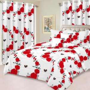 A 5-piece white quilt set displayed neatly on a bed, featuring a beautiful red roses design. The quilt has a crisp white background with vibrant, detailed red rose patterns arranged tastefully across the surface. Includes matching pillow shams and decorative pillows with coordinated red rose accents. The style is fresh, elegant, and romantic, with soft lighting and a clean bedroom setting.