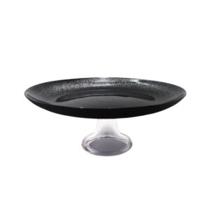 Elegant cake stand featuring a sleek black glass top and a clear glass base.