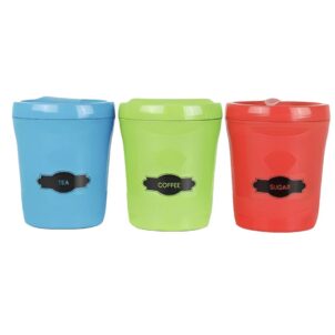 Set of three colored canisters—available in blue, red, or green—designed for neatly storing tea, coffee, and sugar.