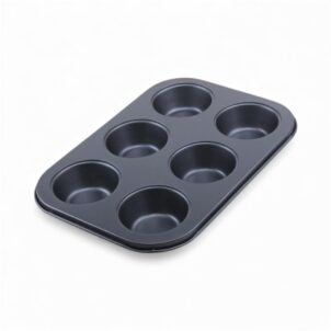 A six-cup non-stick muffin pan made of dark metal, designed for baking muffins or cupcakes, with a smooth non-stick surface for easy release and cleaning.