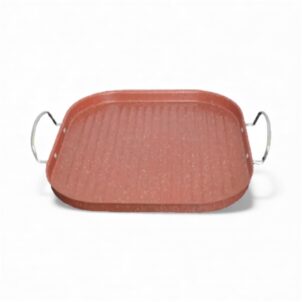 Square nonstick grill pan featuring deep grill ridges, a durable coating, and an ergonomic handle