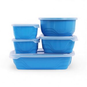 Set of five durable lunchboxes designed for meal prep and food storage.