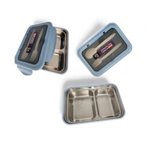 A stainless steel lunchbox placed inside a grey container, accompanied by a matching spoon and fork