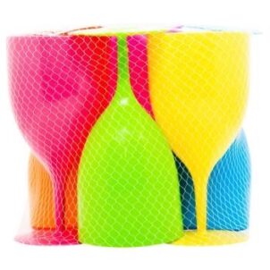 A set of reusable colourful plastic wine glasses, designed for outdoor or casual use.