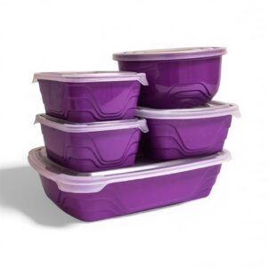 Set of five durable lunchboxes designed for meal prep and food storage.