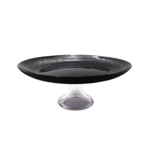 Black footed cake stand with a sleek, modern design, displayed as a statement piece ideal for serving cakes at parties or used as stylish home décor.