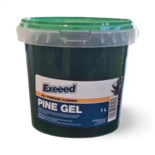 Container of pine gel all-purpose cleaner, shown with a green gel texture, used for general household cleaning.