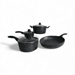 Seven-piece cookware set including assorted pots and pans, ideal for cooking everything from sauces and stews to frying eggs.