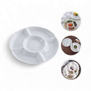 Multi-section serving platter with five compartments, designed for presenting dips, fruits, meats, or cheeses.