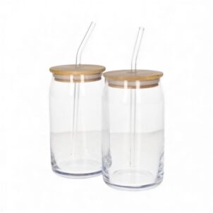 Set of two elegant cocktail glasses, each paired with a sleek reusable glass straw for stylish drink presentation.