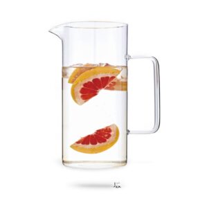Elegant clear glass water jug accented with a refined gold rim, perfect for stylish serving.