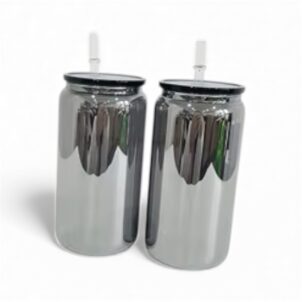 Set of four stylish mirrored glass cups, each including a matching reusable glass straw for modern drink presentation.