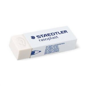 A four-pack of rectangular erasers in clear packaging