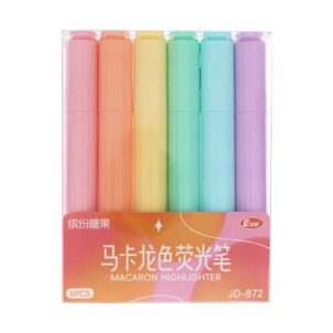A set of pastel highlighters in soft pink, blue, green, lilac, yellow, and orange tones, neatly arranged in their packaging.