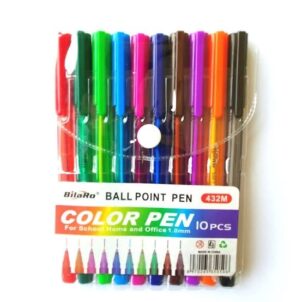 A pack of 12 ballpoint pens in various bright colors, displayed in their packaging.
