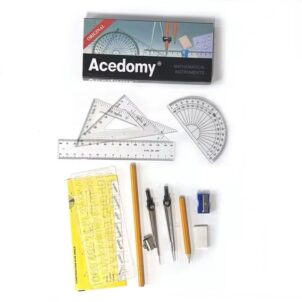 A set of mathematical instruments including a compass, protractor, ruler, set squares, pencil, and eraser.