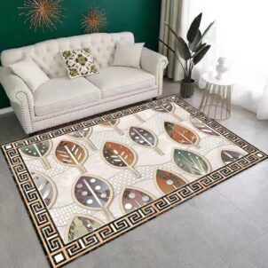 Carpet featuring a leaf pattern in warm autumn colours set against a stone-coloured background.