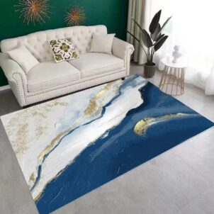 Carpet inspired by marble and the ocean, featuring flowing blue, grey, and white tones.