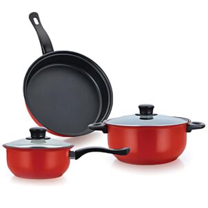 Five-piece nonstick cookware set with a fry pan, casserole pot, and saucepan, designed for even heating and easy cleanup.