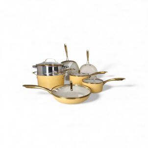Twelve-piece nonstick cookware set, including various pots, pans, and matching lids in a stylish colour.