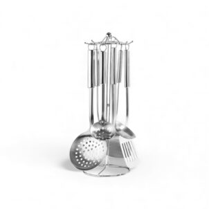 Seven-piece stainless steel kitchen utensil set arranged on a countertop stand.