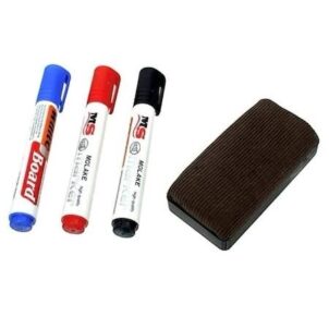 Whiteboard marker set including markers and an eraser, ideal for back-to-school supplies or as a teacher gift.