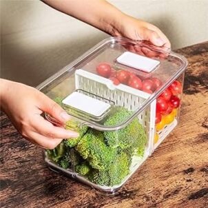 Fresh produce storage container designed to protect and organize vegetables and fruits, with a vent that prevents drying out and seals in freshness to reduce spoilage.