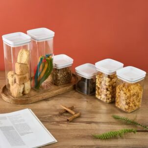 Six-piece set of high-quality clear plastic food containers with airtight lids, designed to be stackable for convenient storage.