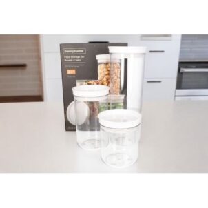 Three-piece set of high-quality clear plastic food containers with airtight lids, designed to be stackable for convenient storage.