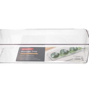 Plastic storage tray in a refrigerator designed to organize cooldrinks.