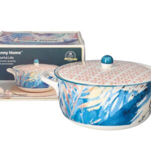 Danny Home Colourful Life casserole dish crafted from premium fine porcelain, decorated with vibrant blue, orange, and white leaf-style patterns, perfect for serving meals in style.