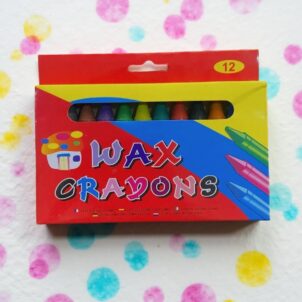 Pack of 12 wax crayons in assorted bright colors, suitable for kids’ coloring, drawing, and creative projects.