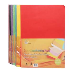 Pack of 50 coloured paper sheets in assorted bright colors for crafts and school projects.