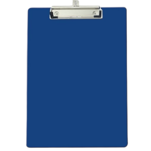 Blue plastic clipboard featuring a durable plastic board, rounded corners, and a metal clip for holding papers, designed for school or work projects.