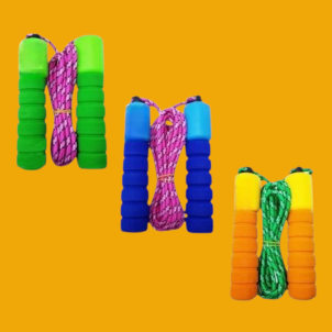 Adjustable jump rope with handles, available in 3 assorted colors; actual colour may vary depending on stock availability.