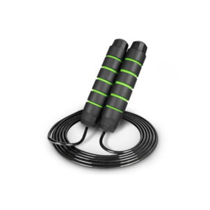 Lightweight black and green speed jump rope with handles, suitable for school sports and exercising at home.