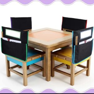 Children’s chair bag designed for storing books, supplies, and personal items.