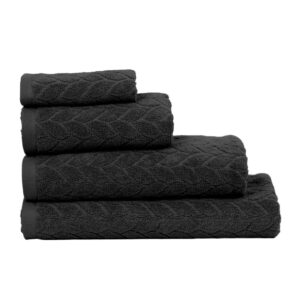 Luxury jacquard towels in grey, blush pink, white, and taupe, highly absorbent and designed to become thicker and softer with every wash.