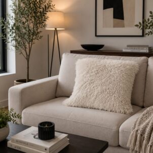 Soft and luxurious faux fur cushion designed to add warmth, texture, and comfort to any living space or bedroom.